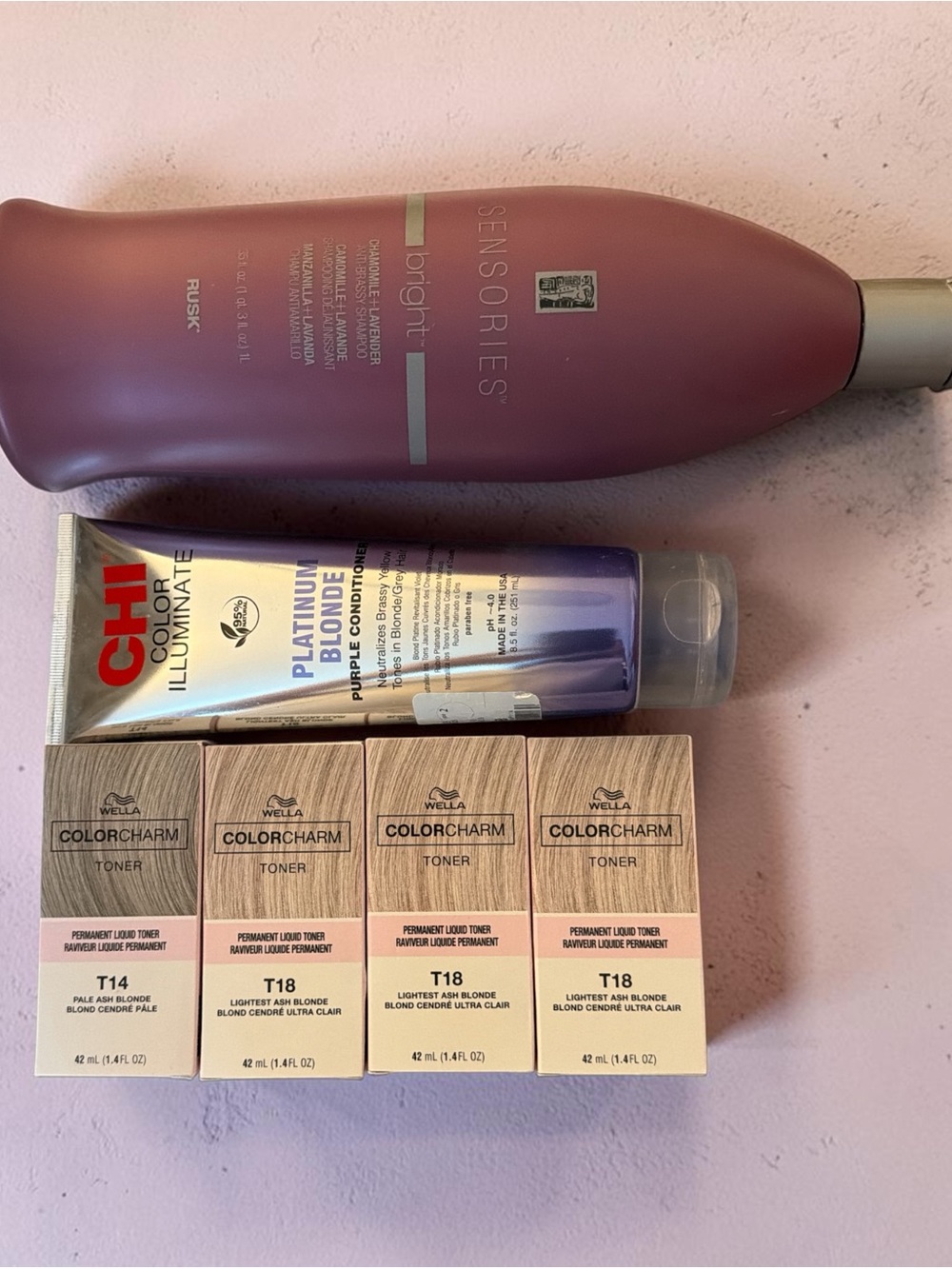 Wella ColorCharm T18 x3, T14x1 Toner Boxes with Rusk Bright Shampoo & CHI